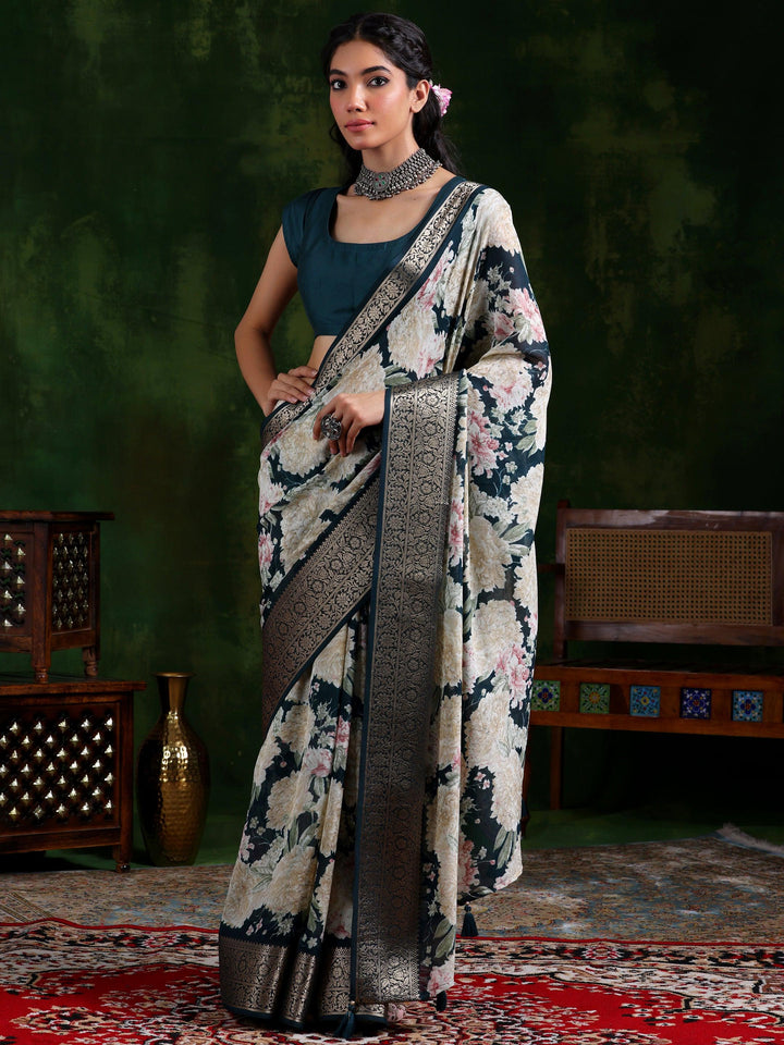 Teal Printed Silk Blend Saree With Unstitched Blouse Piece - Libas