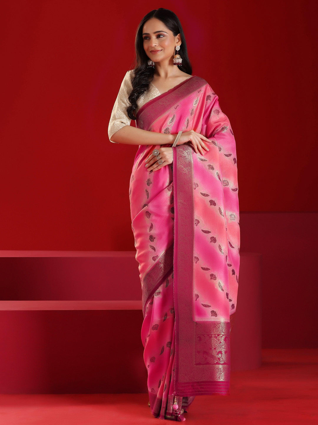 Libas Art Pink Woven Design Satin Saree With Unstitched Blouse Piece - Libas 