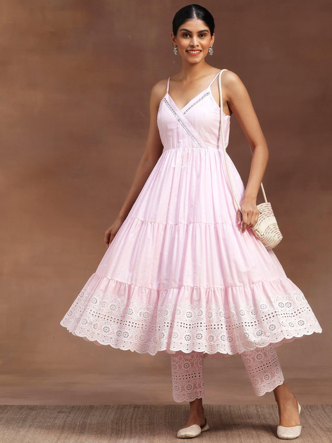 Pink Self Design Cotton Anarkali Kurta With Trousers - Libas 