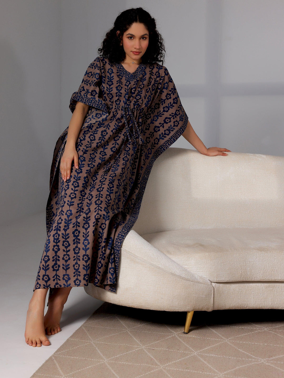 Blue Printed Cotton Kaftan Night Dress - Libas 