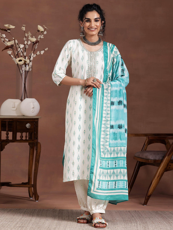 Off White Printed Silk Blend Straight Suit With Dupatta - Libas