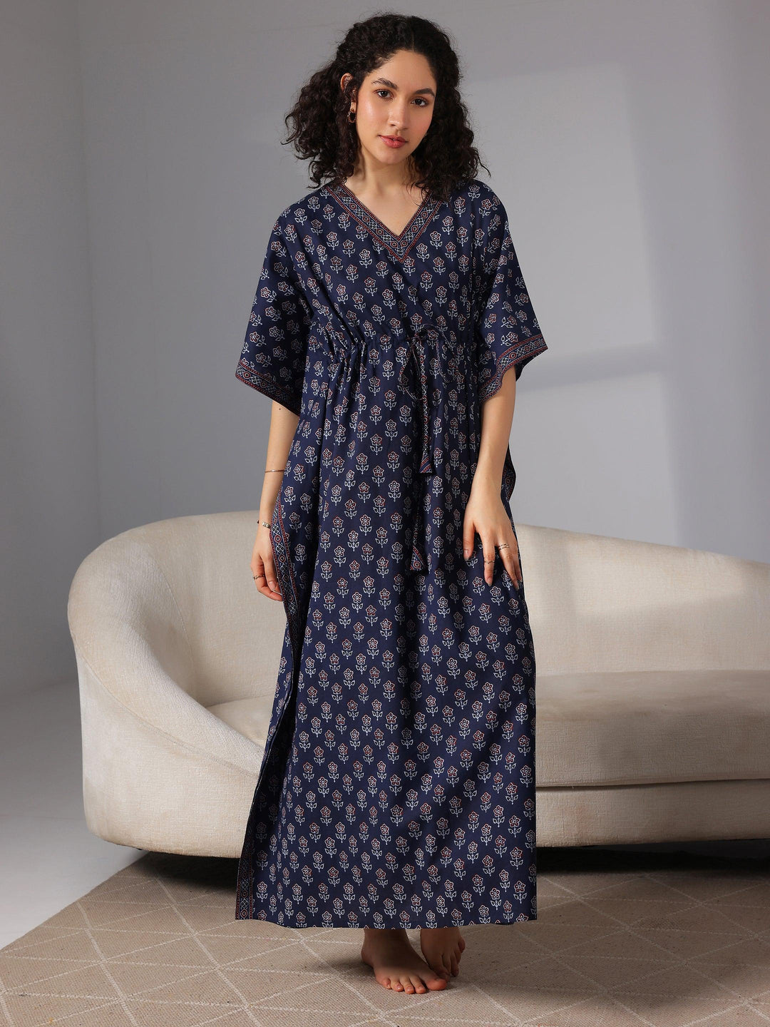 Navy Blue Printed Cotton Kaftan Night Dress - Libas 