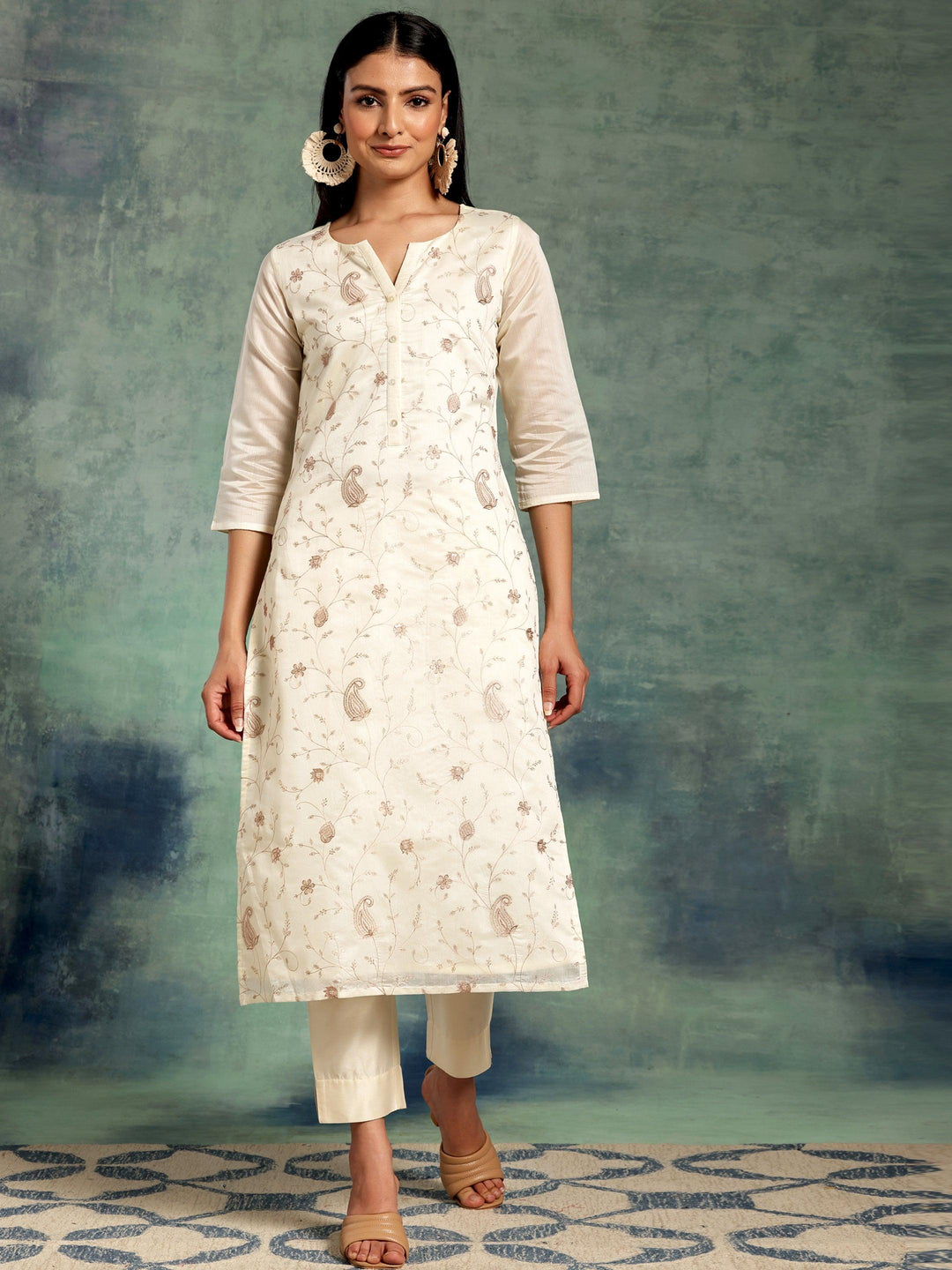 Off White Embroidered Chanderi Silk Straight Kurta - Libas 