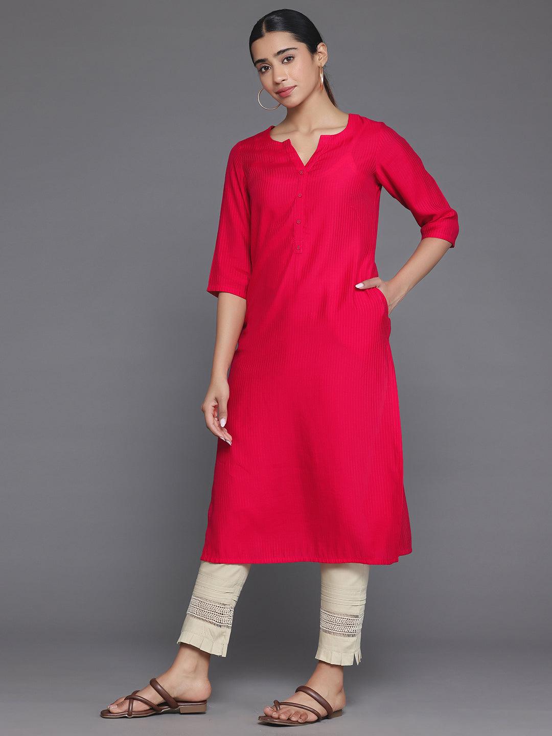 Red Woven Design Silk Straight Kurta - Libas 