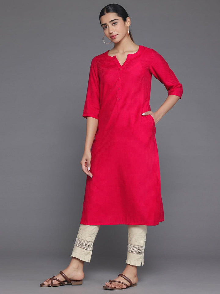 Red Woven Design Silk Straight Kurta - Libas