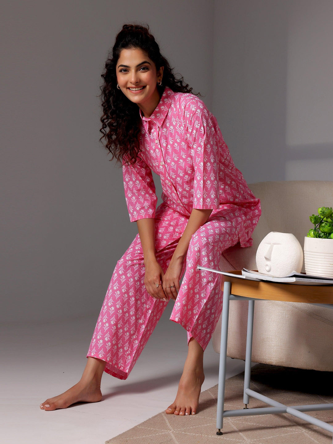 Pink Printed Cotton Night Suits - Libas 