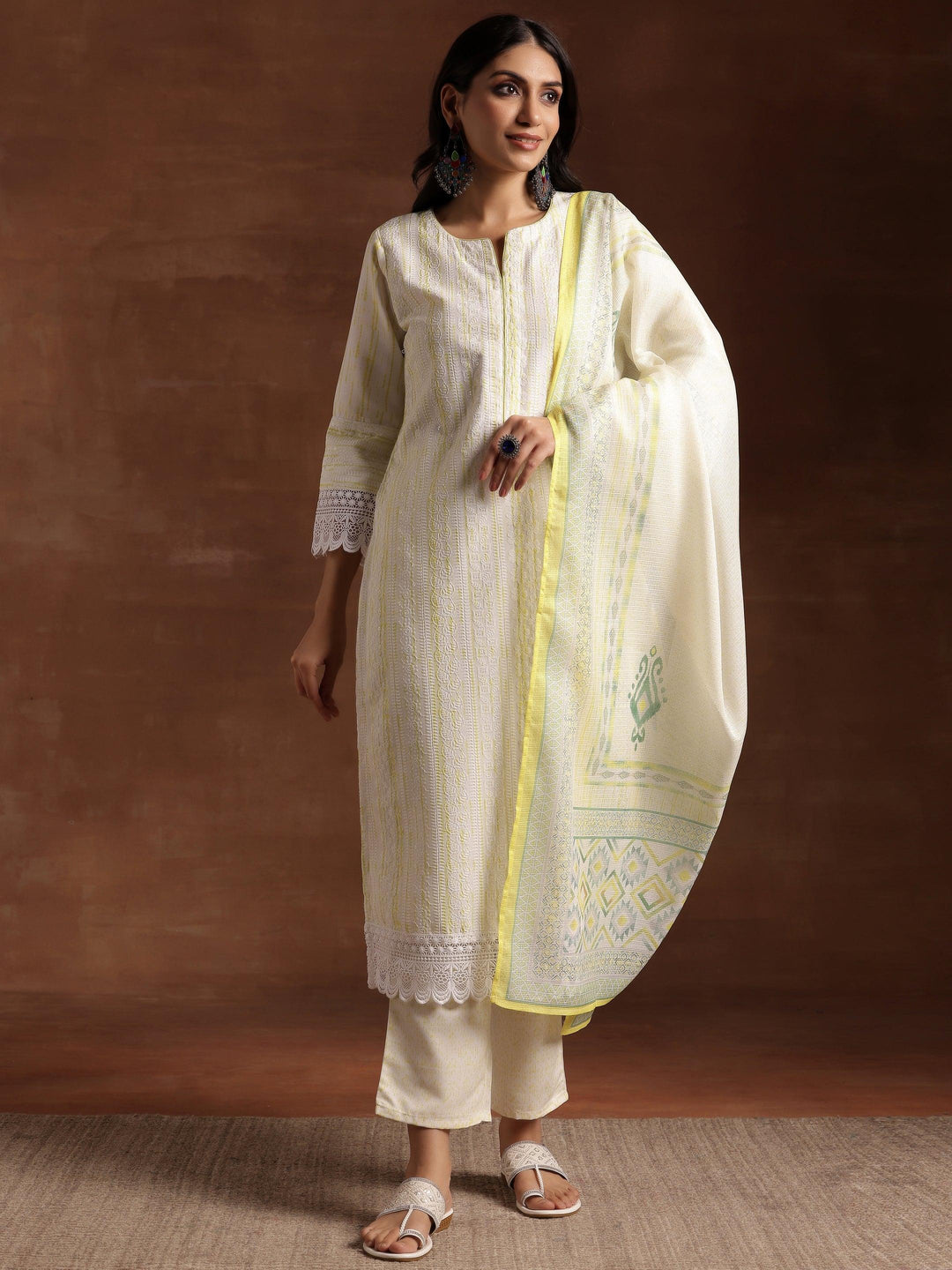 Off White Embroidered Cotton Blend Straight Suit With Dupatta - Libas