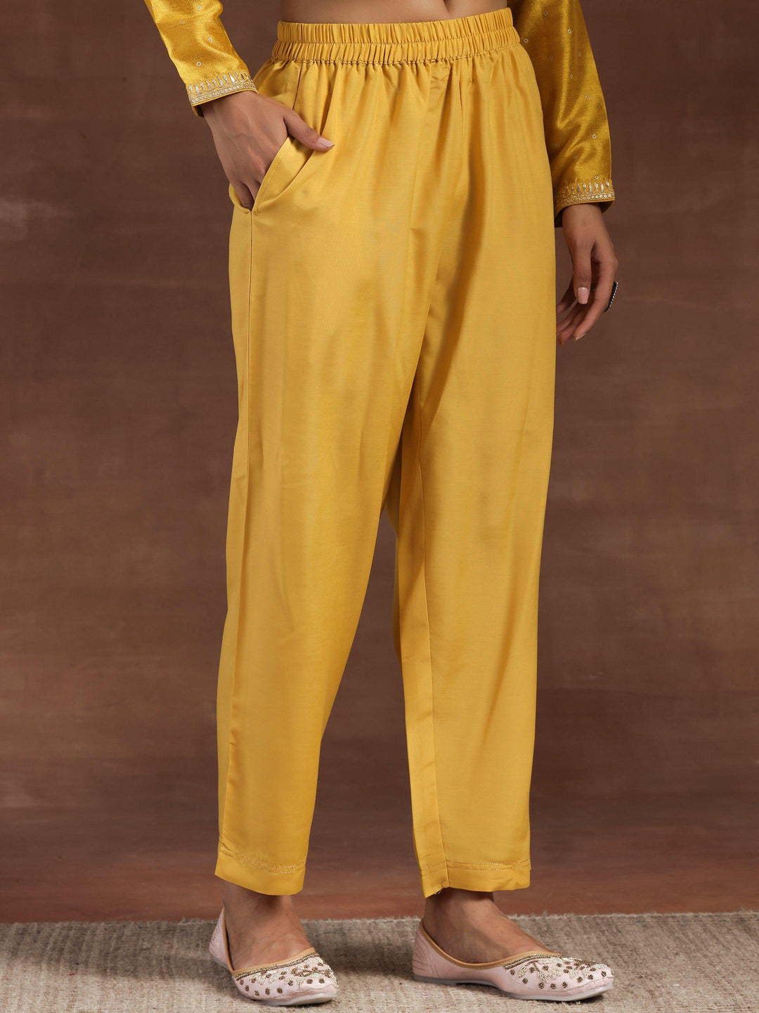 Mustard Embroidered Silk Blend A-Line Kurta With Palazzos & Dupatta - Libas 