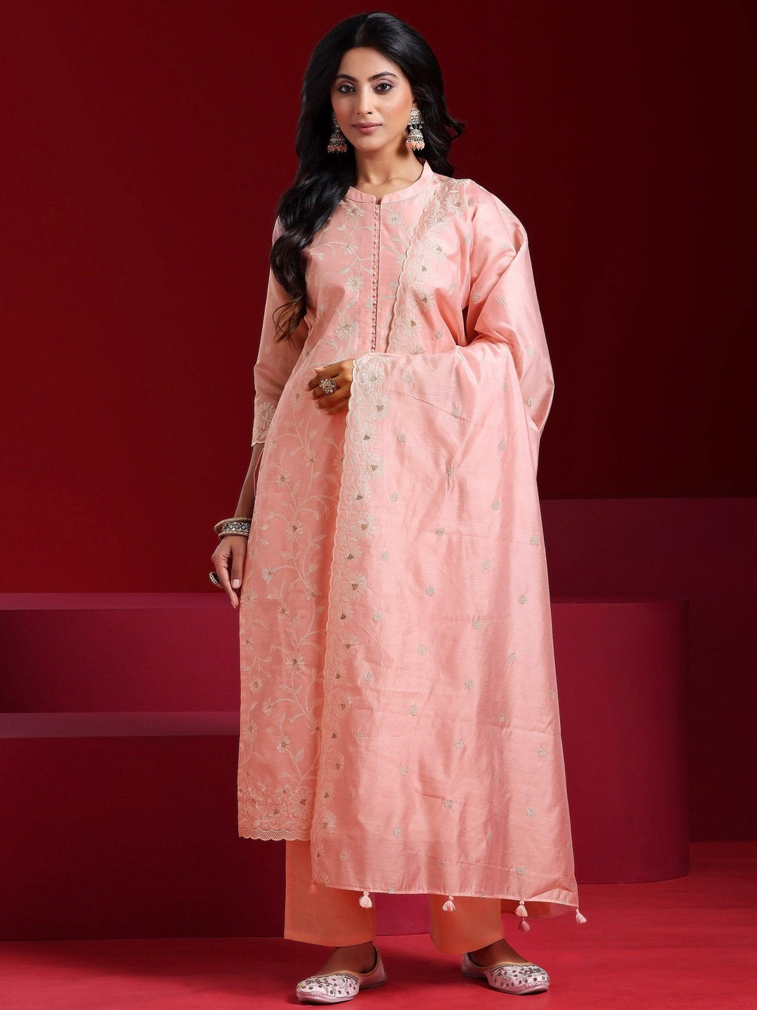 Libas Art Pink Embroidered Chanderi Silk Straight Suit With Dupatta - Libas 