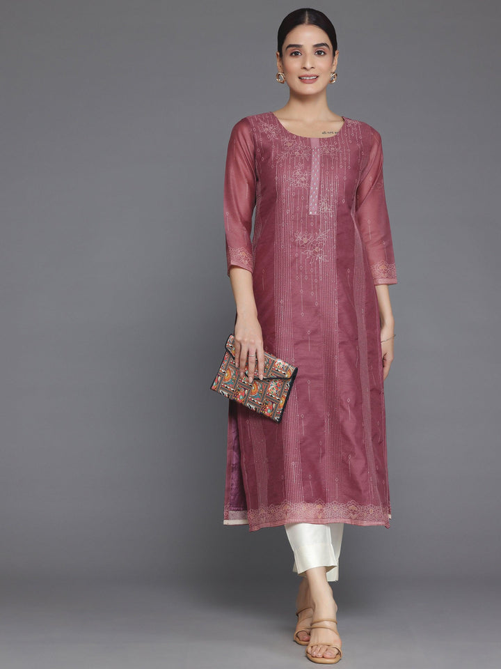 Mauve Embellished Chanderi Silk Straight Kurta - Libas