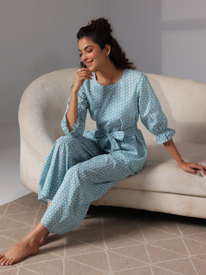 Blue Printed Cotton Night Suits - Libas