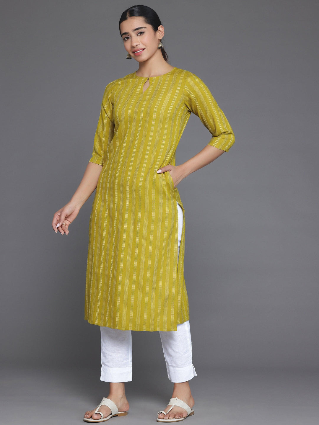 Mustard Striped Rayon Straight Kurta - Libas 