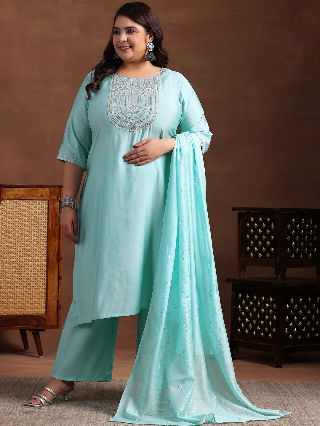 Plus Size Blue Yoke Design Silk Blend Straight Suit With Dupatta - Libas 