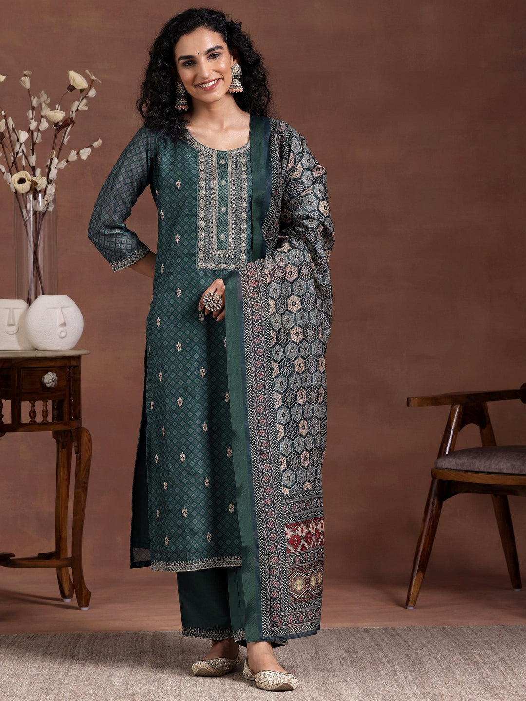 Teal Printed Silk Blend Straight Suit With Dupatta - Libas 