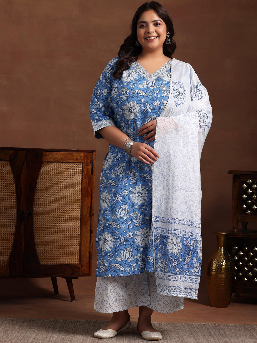 Plus Size Blue Printed Cotton Straight Suit With Dupatta - Libas