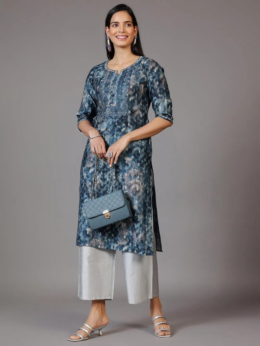 Navy Blue Yoke Design Silk Straight Kurta - Libas