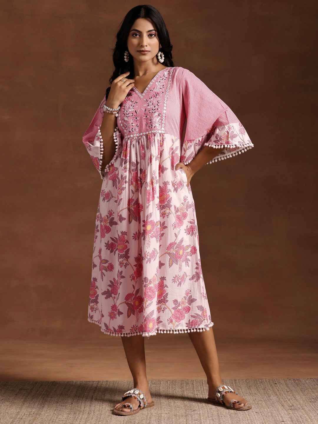 Pink Printed Cotton A-Line Kurta - Libas 