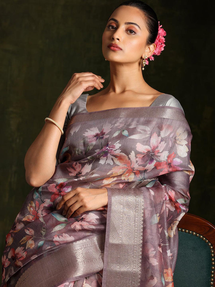 Grey Printed Silk Blend Saree With Unstitched Blouse Piece - Libas