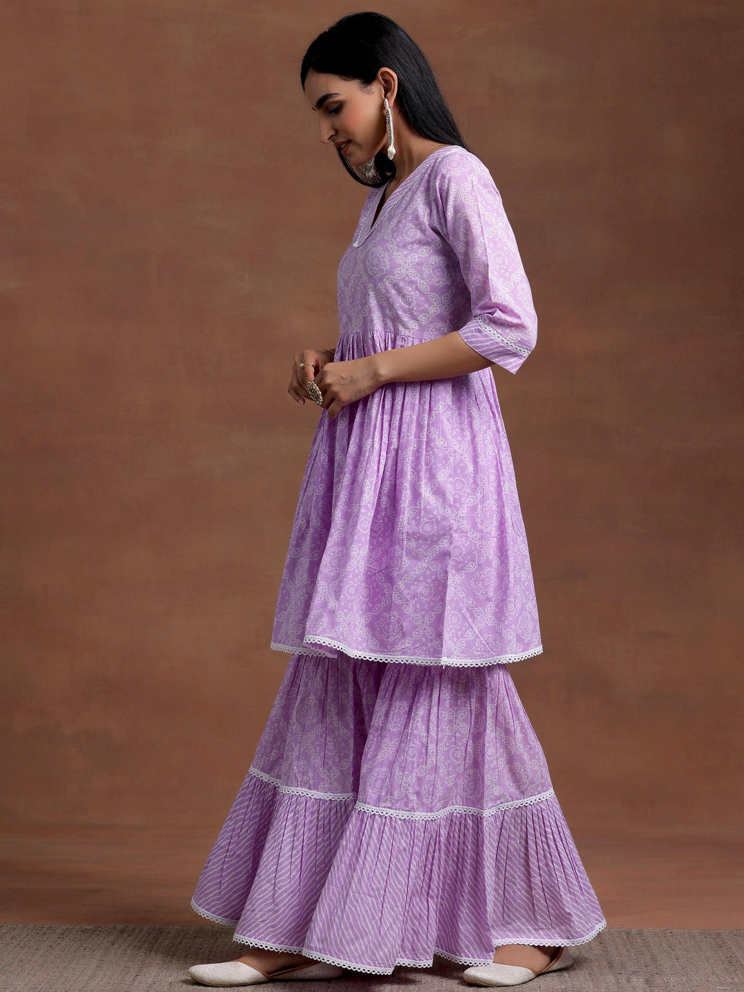 Purple Printed Cotton A-Line Kurta With Sharara & Dupatta - Libas 