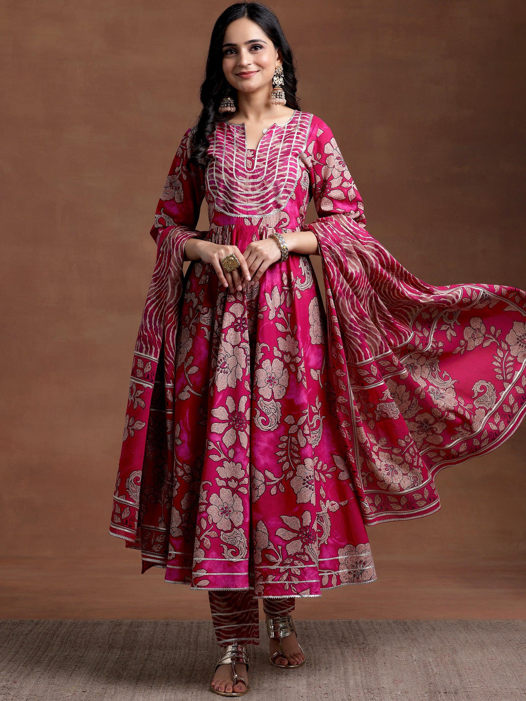 Magenta Printed Cotton Anarkali Suit With Dupatta - Libas 