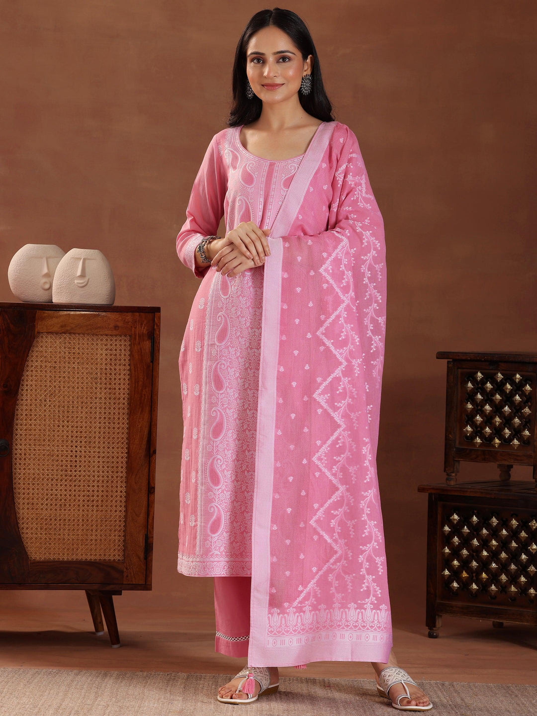 Pink Woven Design Cotton Straight Suit With Dupatta - Libas 