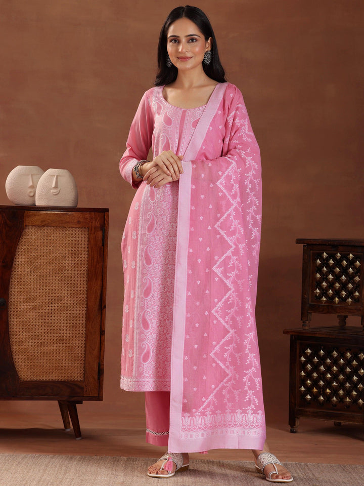 Pink Woven Design Cotton Straight Suit With Dupatta - Libas