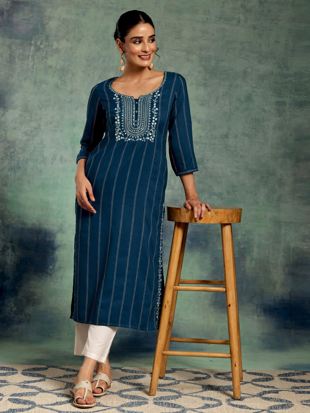 Teal Blue Yoke Design Silk Straight Kurta - Libas