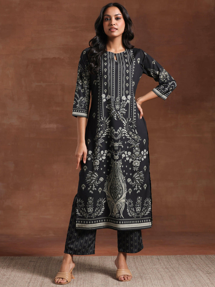 Black Printed Crepe Straight Kurta Set - Libas