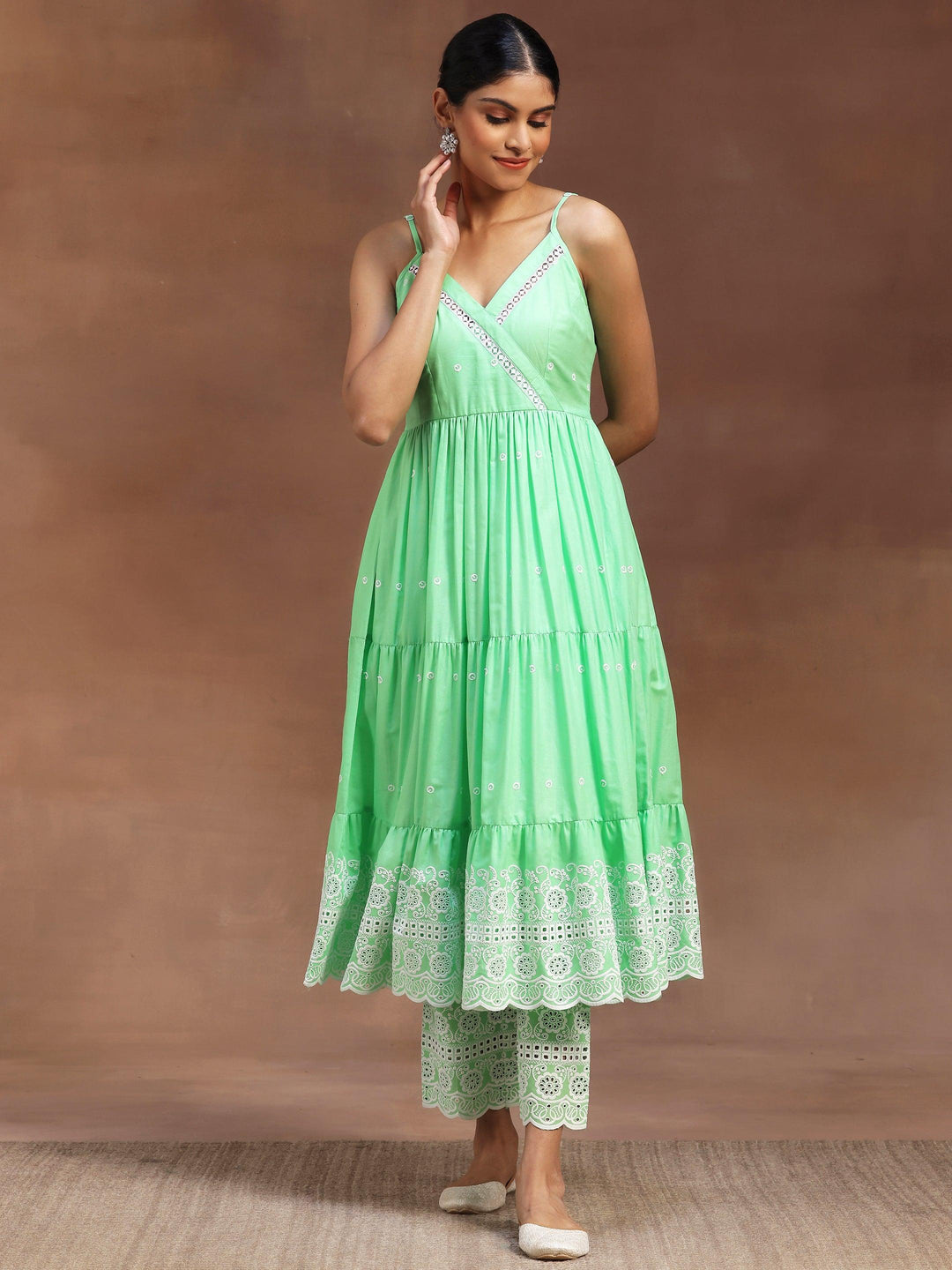 Green Self Design Cotton Anarkali Kurta With Trousers - Libas 