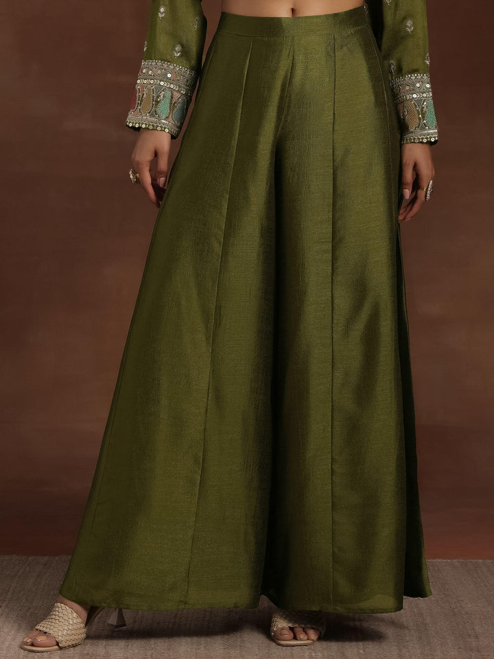 Olive Embroidered Silk Blend Straight Kurta With Palazzos & Dupatta - Libas