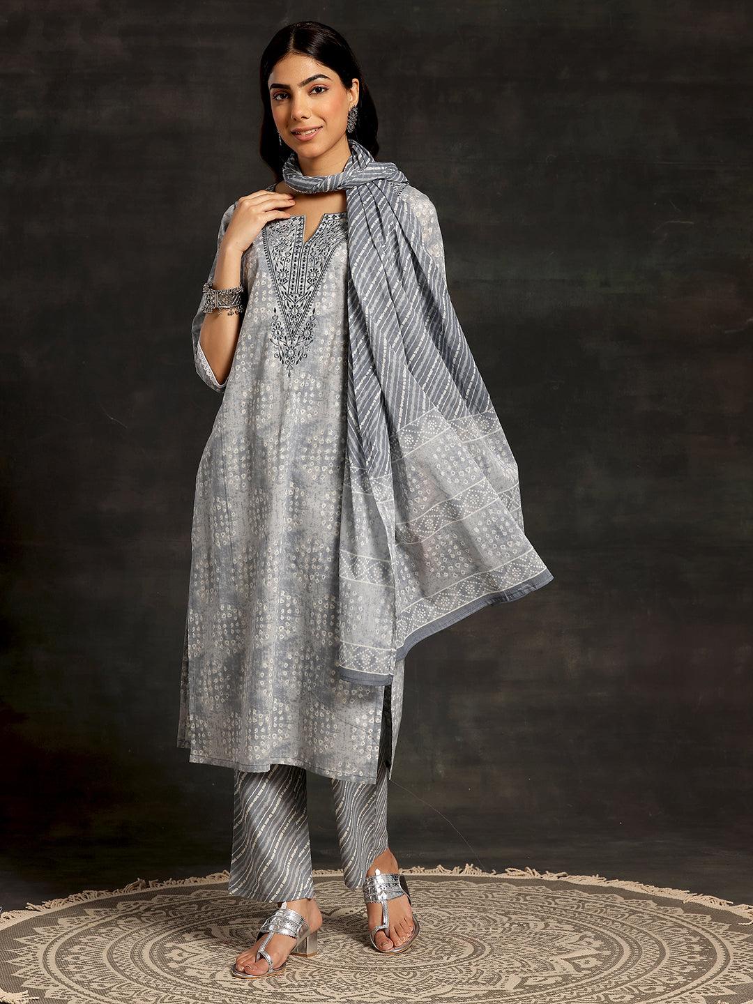 Grey Printed Cotton Straight Suit With Dupatta - Libas 