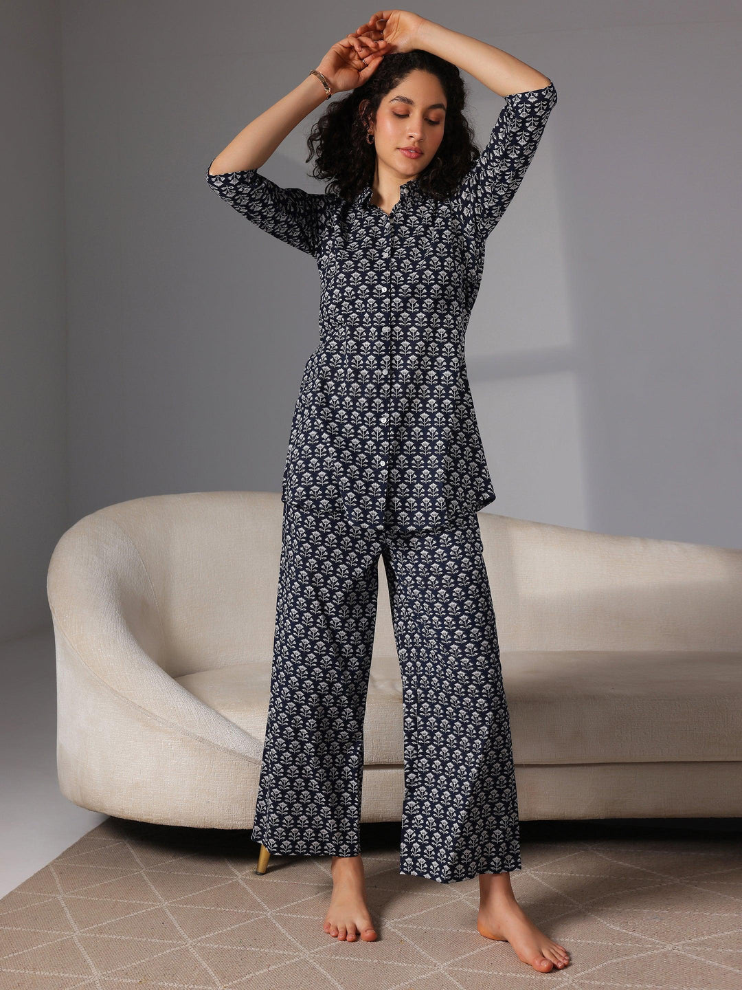 Navy Blue Printed Cotton Night Suits - Libas 