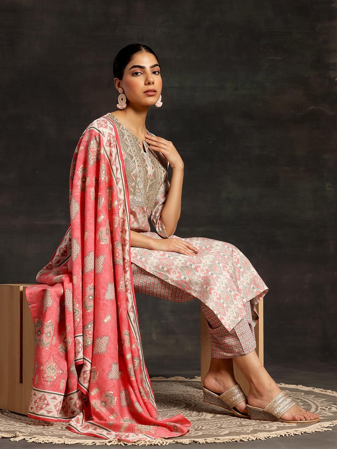 Beige Printed Silk Blend Straight Suit With Dupatta - Libas