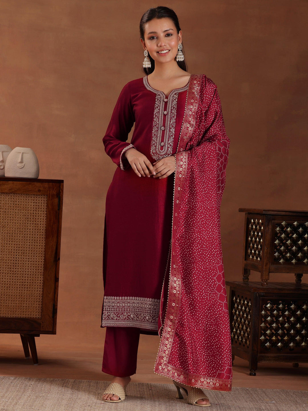 Maroon Embroidered Silk Blend Straight Suit With Dupatta - Libas 