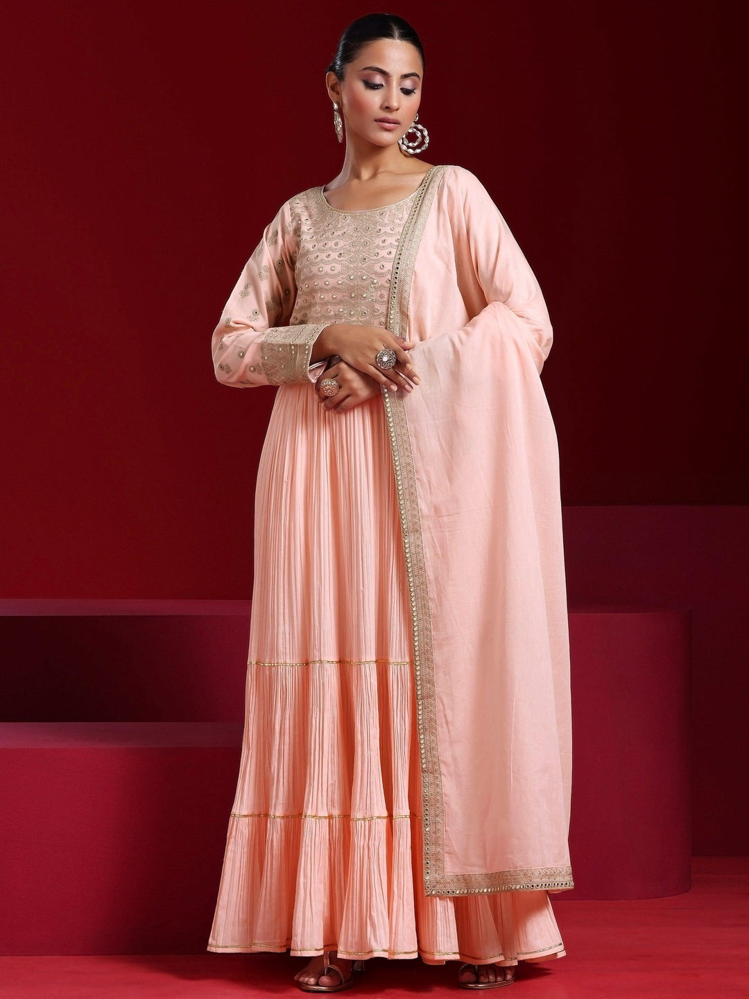 Libas Art Peach Embroidered Cotton Blend A-Line Kurta With Sharara & Dupatta - Libas 