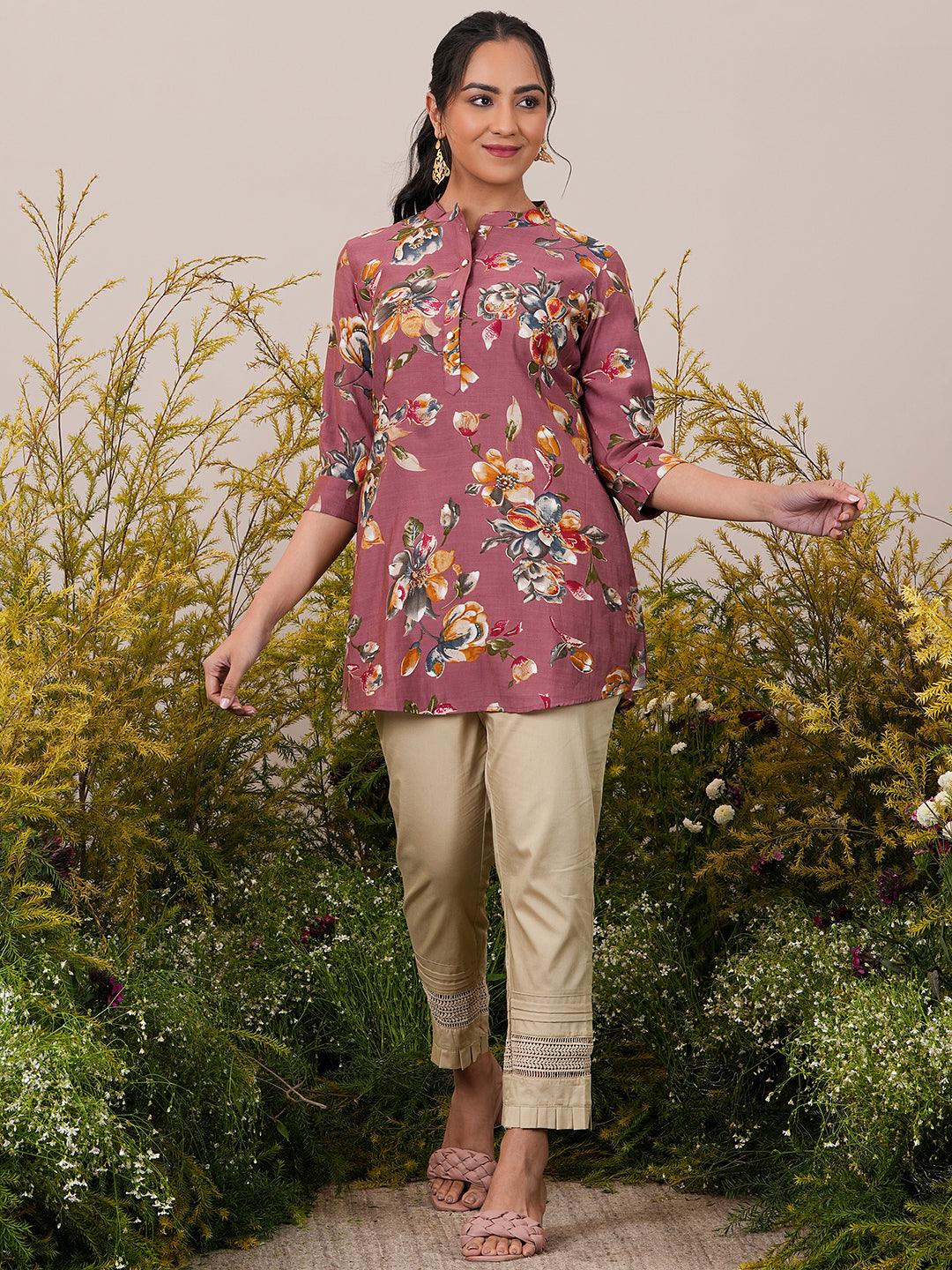 Pink Printed Silk Blend A-Line Kurti - Libas 