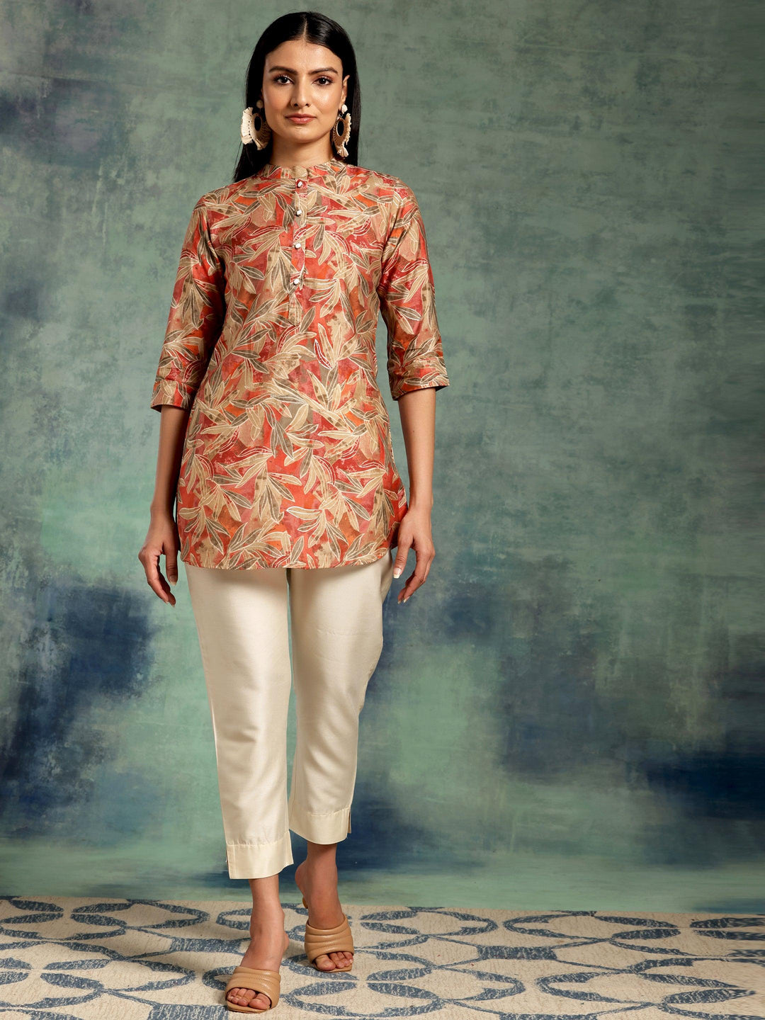 Beige Printed Silk Blend Straight Kurti - Libas 