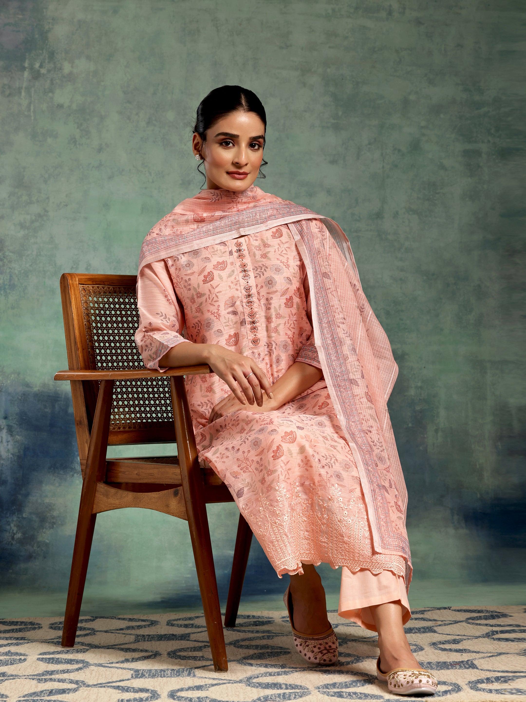 Peach Printed Chanderi Silk Straight Suit With Dupatta