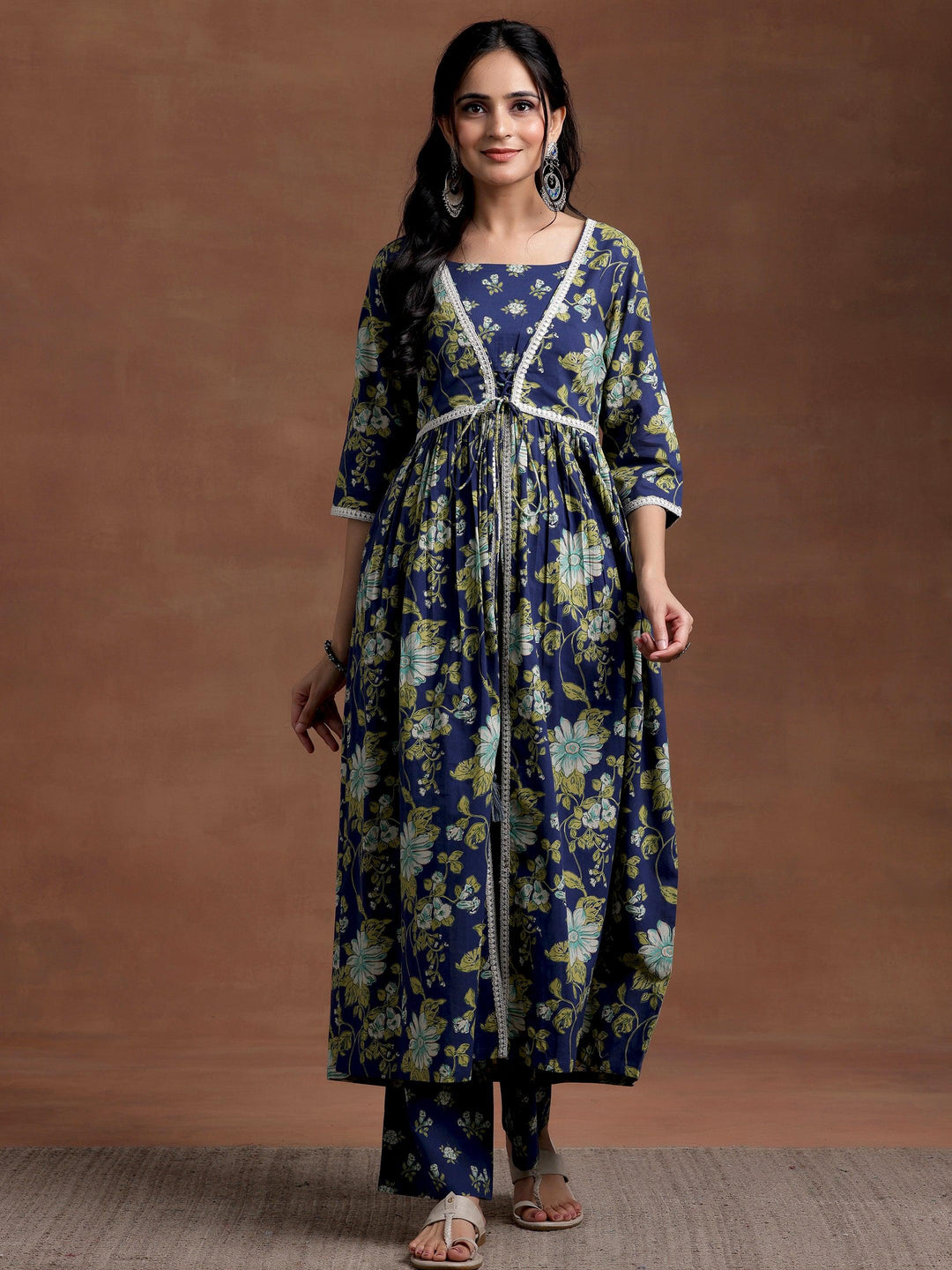 Blue Printed Cotton A-Line Kurta With Trousers - Libas