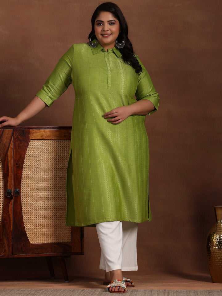 Plus Size Green Woven Design Cotton Straight Kurta - Libas