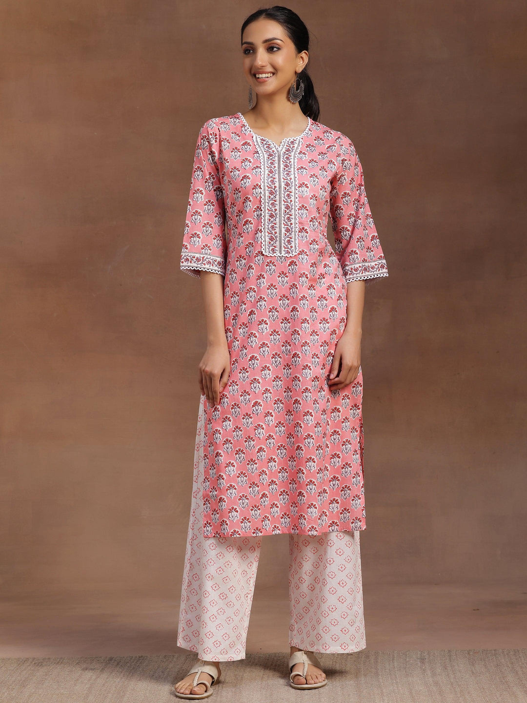 Peach Printed Cotton Straight Kurta With Palazzos - Libas 