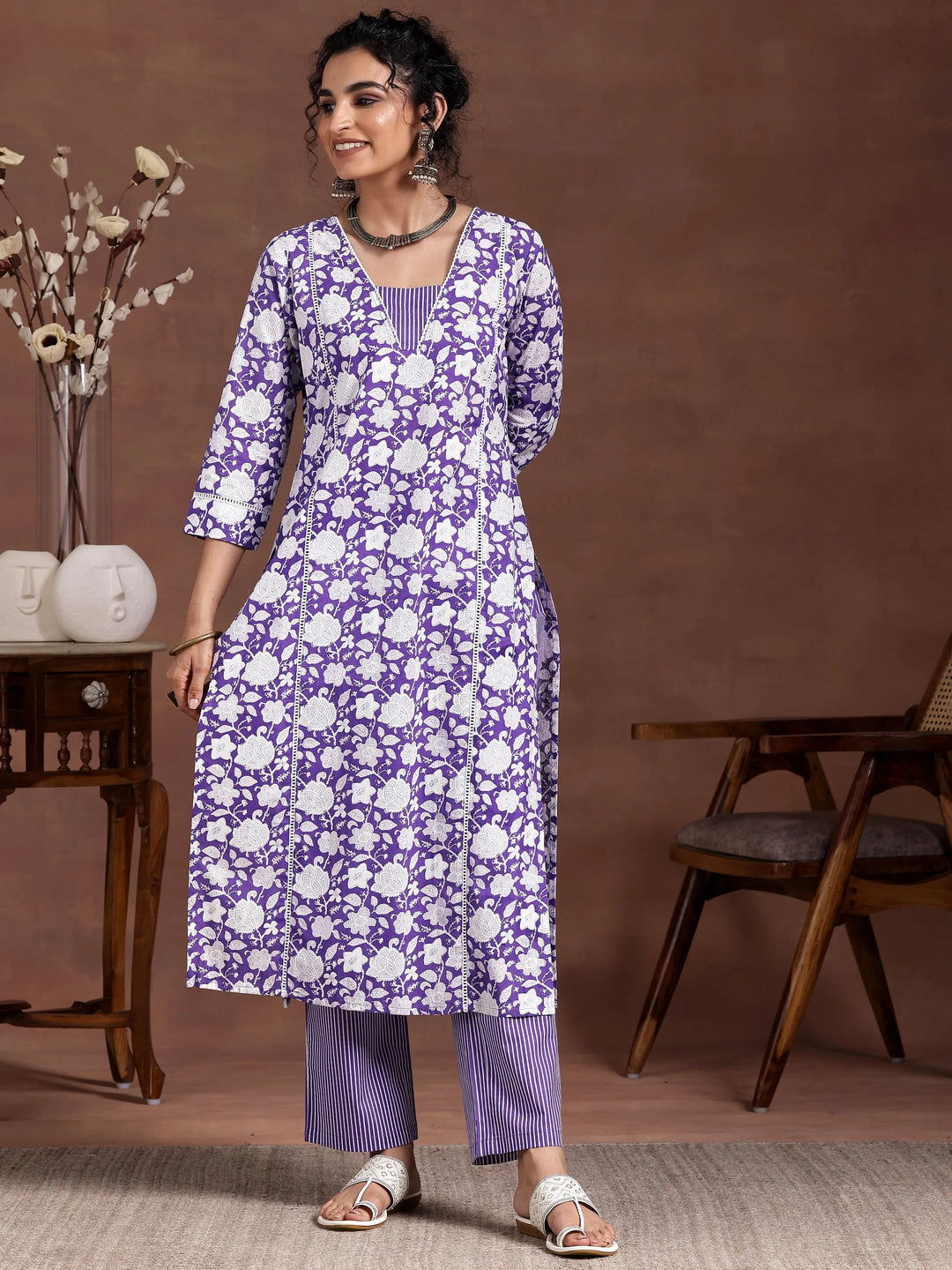  Purple Printed Cotton Straight Kurta Set 