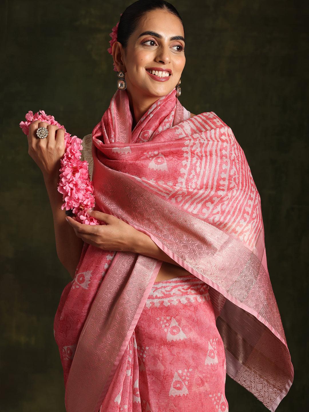 Pink Printed Silk Blend Saree With Unstitched Blouse Piece - Libas