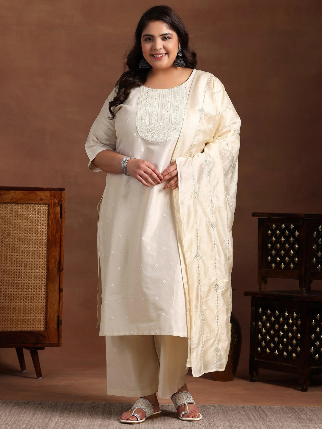 Plus Size Off White Embroidered Silk Blend Straight Suit With Dupatta - Libas 