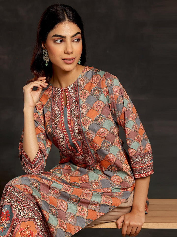 Multicoloured Printed Crepe Straight Kurta - Libas