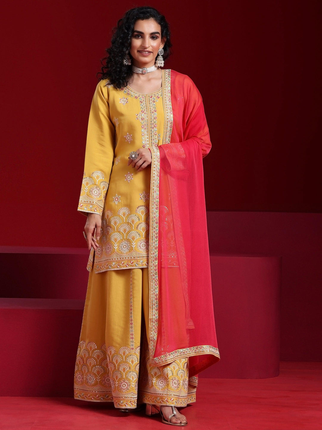 Libas Art Yellow Embroidered Silk Blend Straight Suit With Dupatta - Libas 