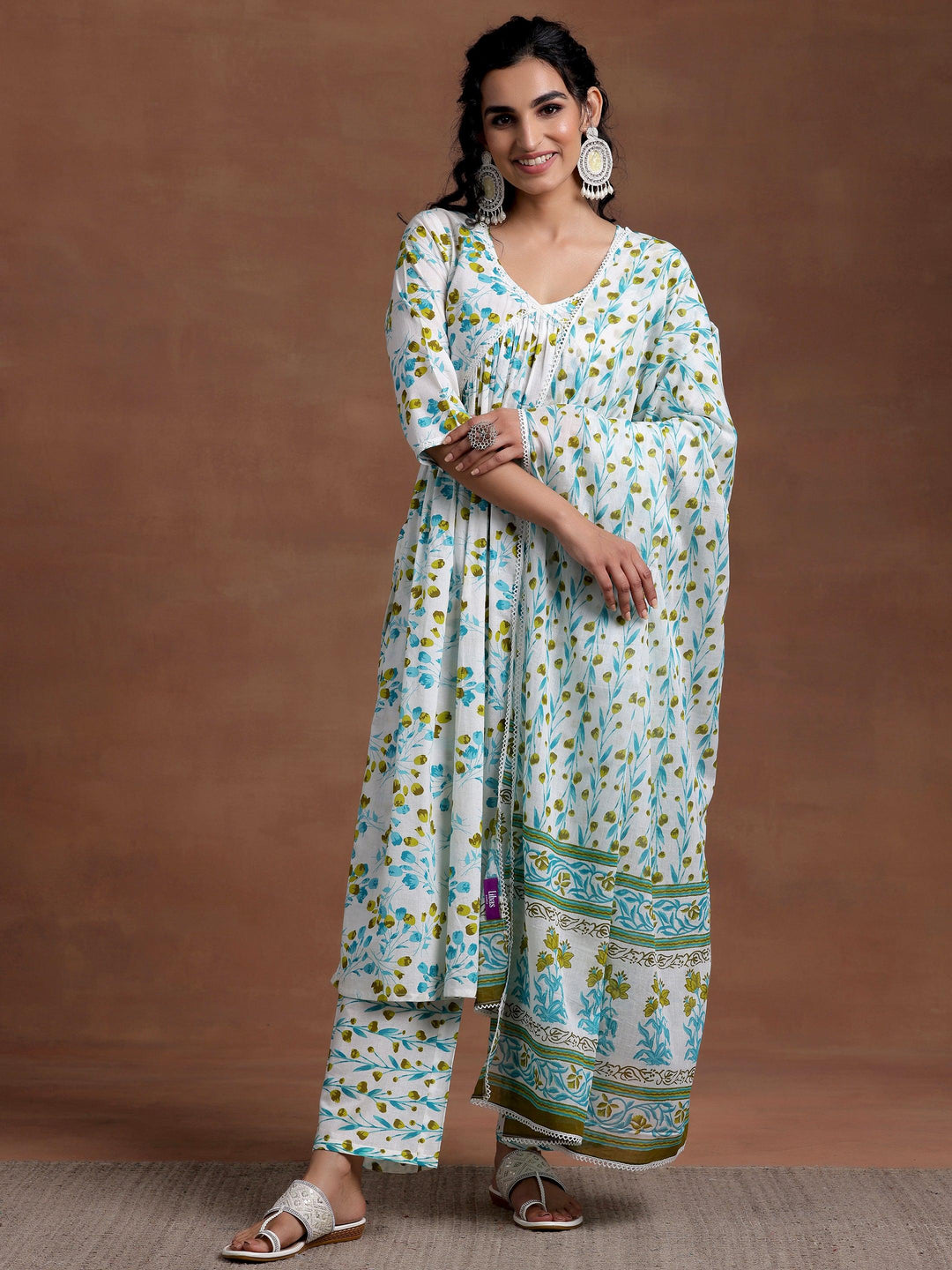 Off White Printed Cotton A-Line Kurta With Palazzos & Dupatta - Libas