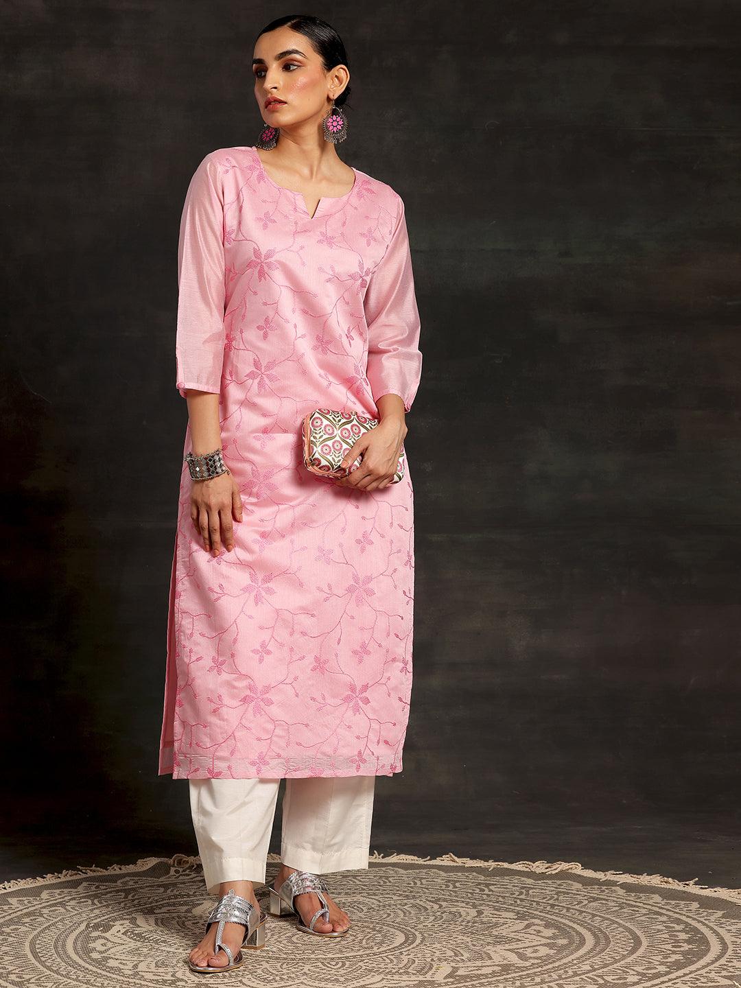 Pink Embroidered Silk Straight Kurta - Libas 