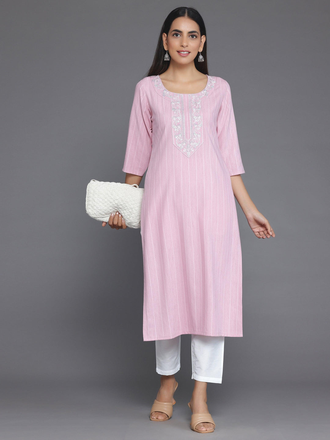 Pink Woven Design Rayon Straight Kurta - Libas 