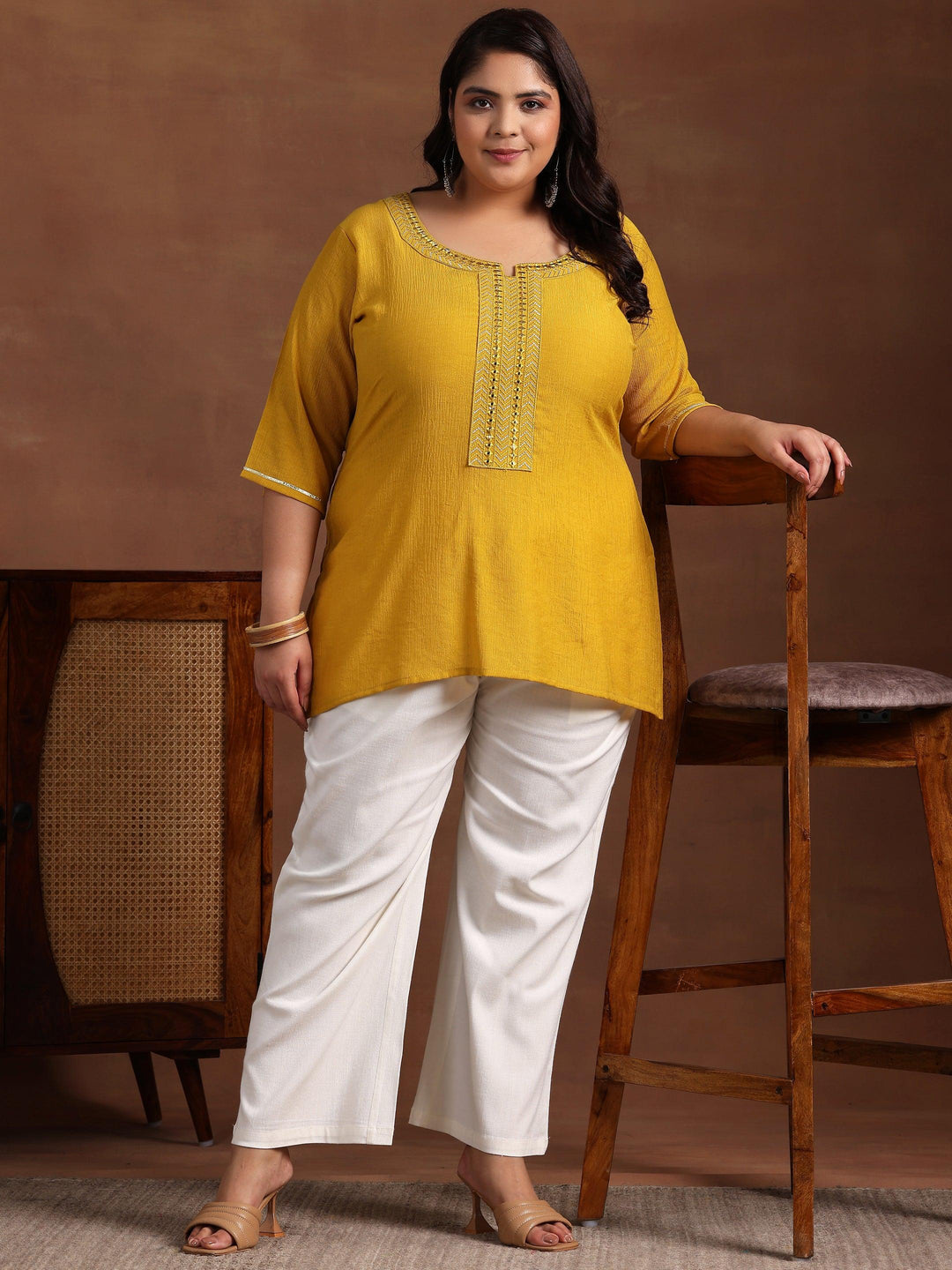 Plus Size Mustard Woven Design Cotton Blend Straight Kurti - Libas